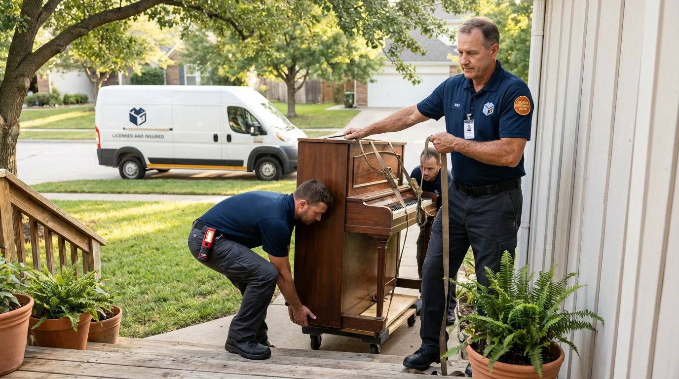 Licensed piano movers securing grand piano in Groveport, OH