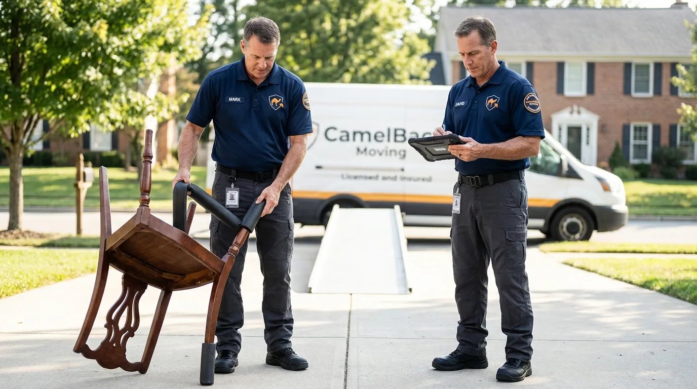 Movers inspecting furniture for damage prevention before loading in Groveport, OH